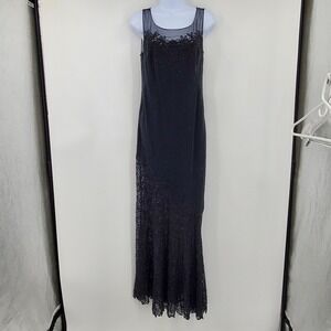 Gilar Evening Black Beaded Lace Illusion Neckline Maxi Gown Dress Size 10 Formal